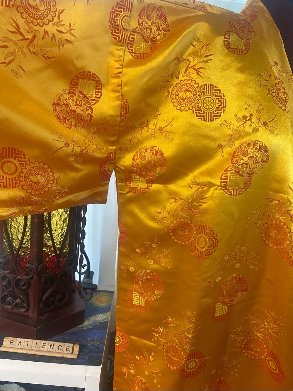 Golden Satin Kimono Robe with Red Oriental Motifs - Picture 2 of 4